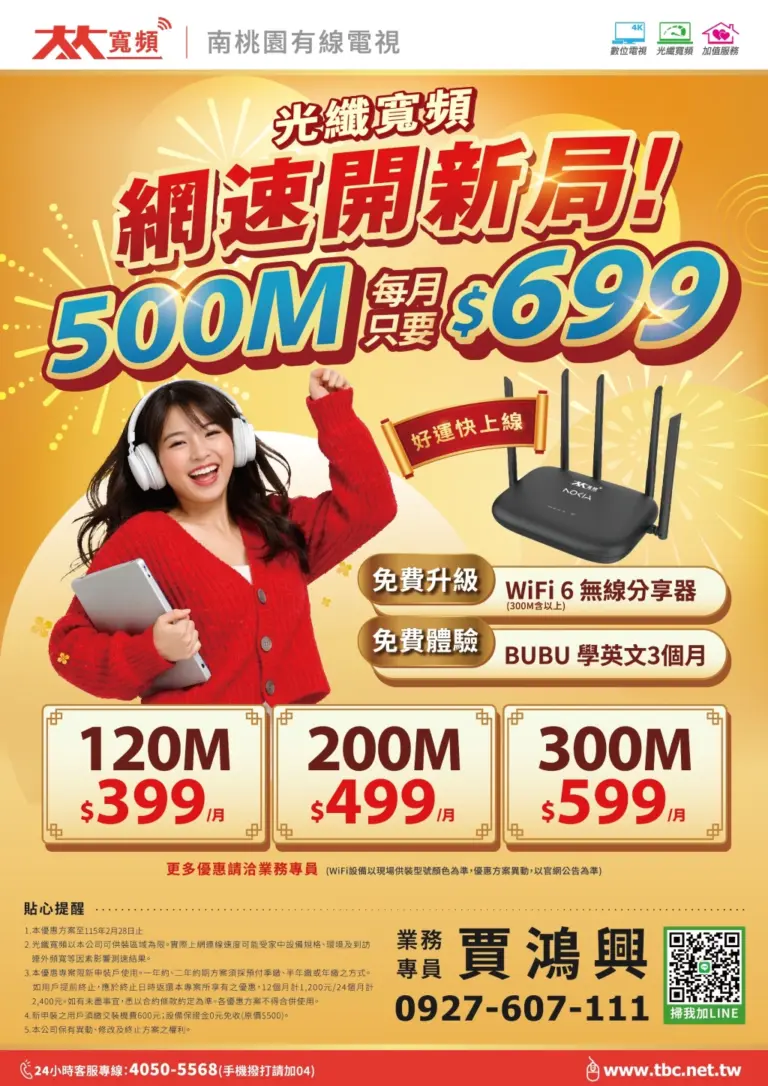 【大大寬頻網路優惠】TBC南桃園網路399起！再享WiFi 6免費升級
