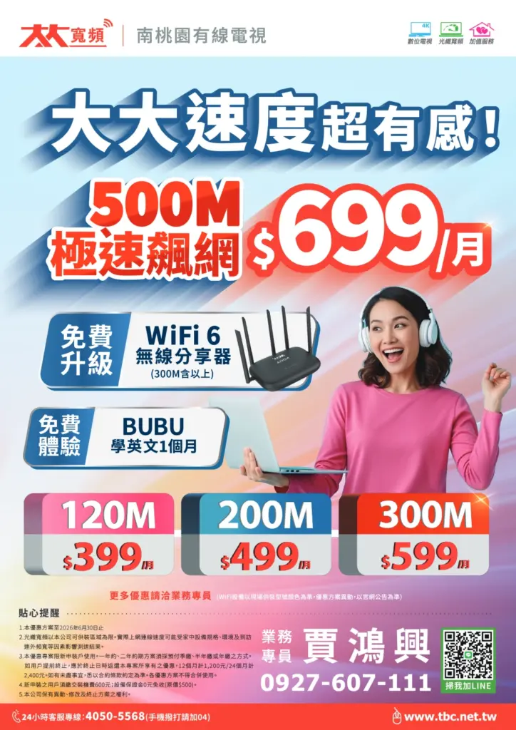 南桃園光纖網速超有感｜大大寬頻500M極速飆網，每月只要$699起