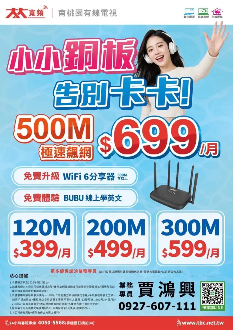 大大寬頻|南桃園光纖網路$399起,500M飆網只要$699!